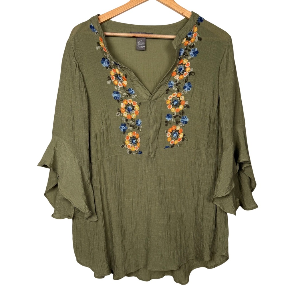 Olivia & Martin 3X Embroidered Boho Tunic Olive Green Bell Sleeve Peasant Top